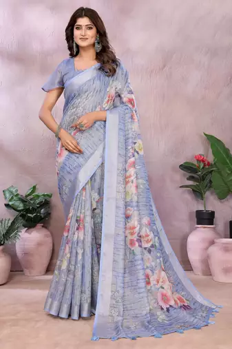 grey printed  designer pallu linen saree