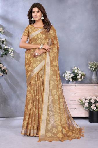 yellow printed  designer pallu linen saree