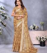 yellow printed  designer pallu linen saree