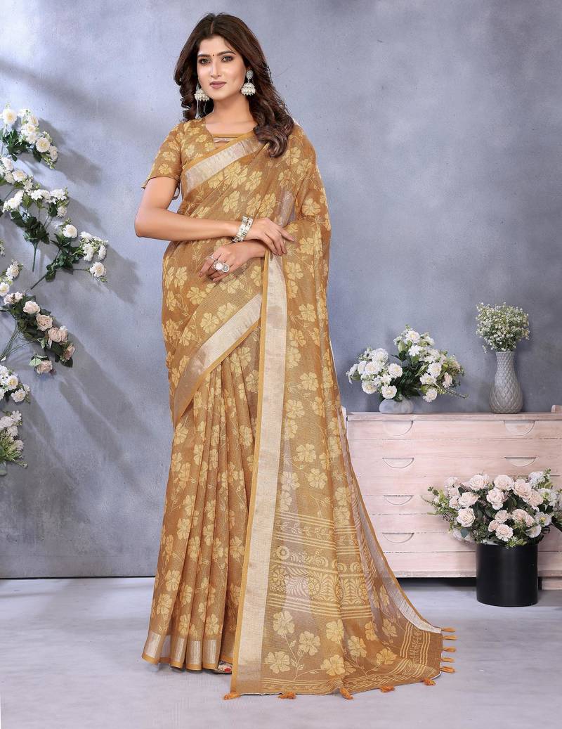 yellow printed  designer pallu linen saree