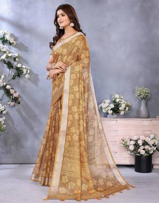 yellow printed  designer pallu linen saree 2