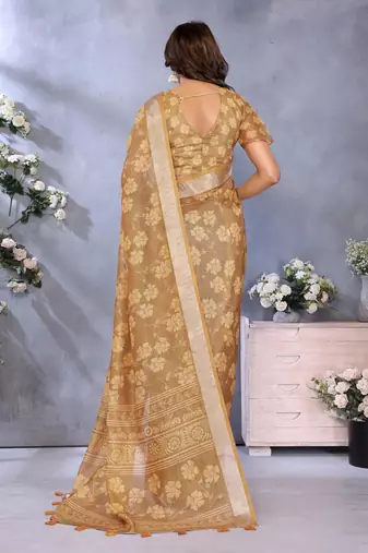 yellow printed  designer pallu linen saree