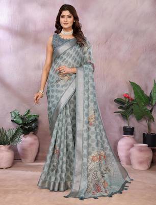 grey printed  designer pallu linen saree 1