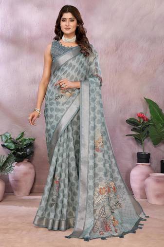 grey printed  designer pallu linen saree
