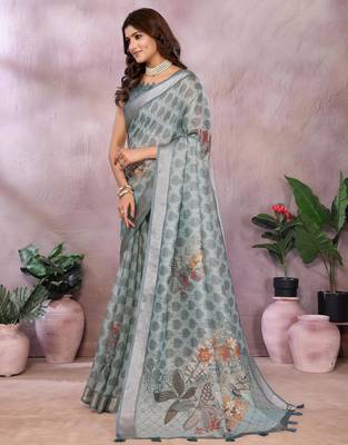 grey printed  designer pallu linen saree 2
