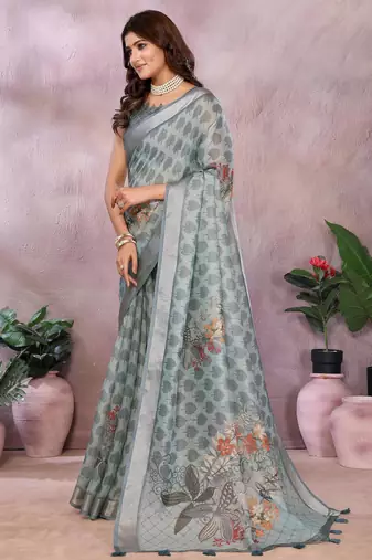 grey printed  designer pallu linen saree