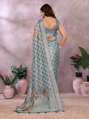 grey printed  designer pallu linen saree 3