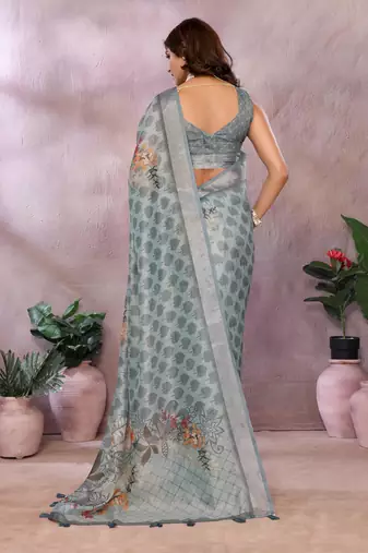 grey printed  designer pallu linen saree