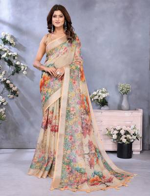 cream printed  designer pallu linen saree 1