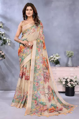 cream printed  designer pallu linen saree