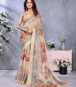 cream printed  designer pallu linen saree