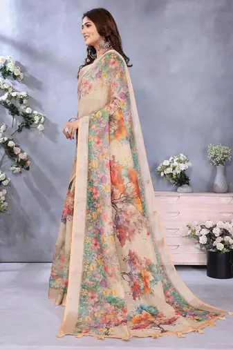 cream printed  designer pallu linen saree