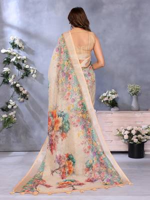 cream printed  designer pallu linen saree 3