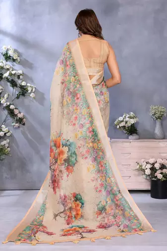 cream printed  designer pallu linen saree