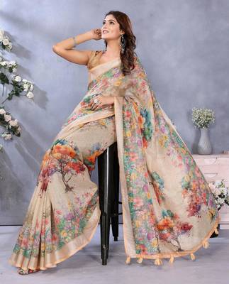 cream printed  designer pallu linen saree 4