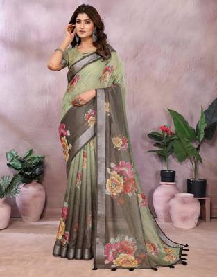 light green printed  designer pallu linen saree 1
