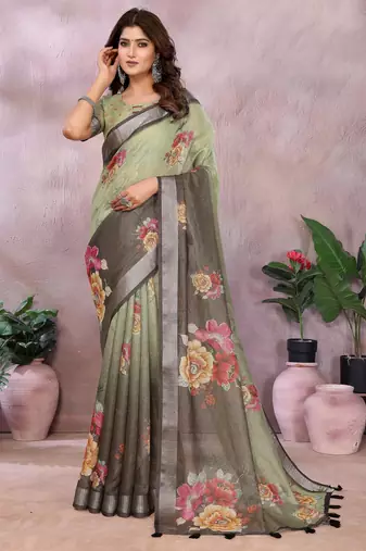 light green printed  designer pallu linen saree