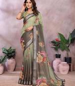 light green printed  designer pallu linen saree