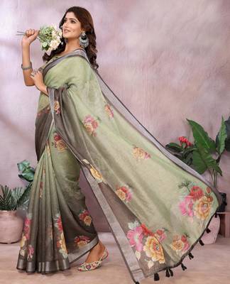 light green printed  designer pallu linen saree 2