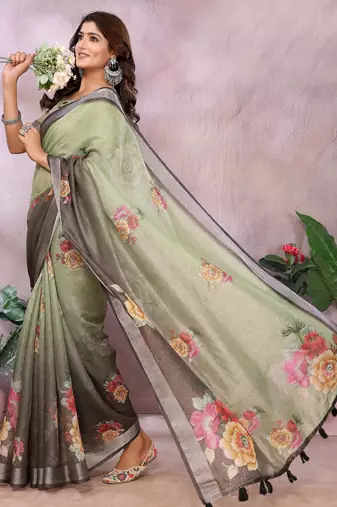 light green printed  designer pallu linen saree