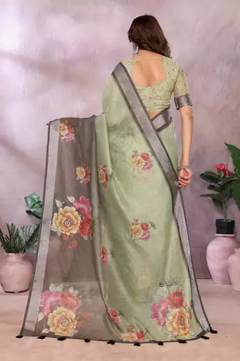 light green printed  designer pallu linen saree