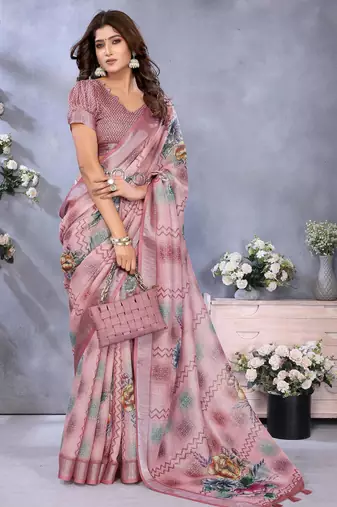 mustard printed  designer pallu linen saree