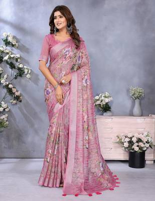 mustard printed  designer pallu linen saree 1