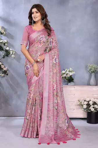 mustard printed  designer pallu linen saree