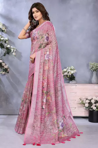 mustard printed  designer pallu linen saree
