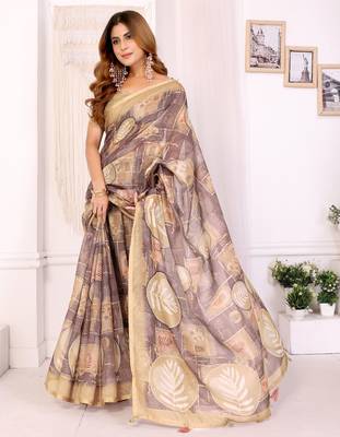chiku printed art silk designer pallu chanderi saree 1