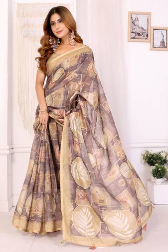 chiku printed art silk designer pallu chanderi saree