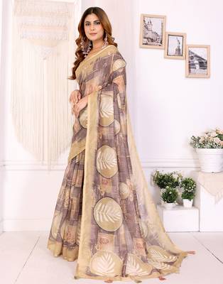 chiku printed art silk designer pallu chanderi saree 2