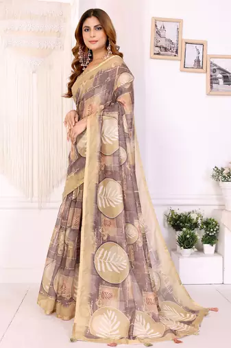 chiku printed art silk designer pallu chanderi saree