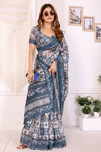 grey printed art silk designer pallu chanderi saree