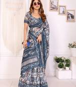 grey printed art silk designer pallu chanderi saree