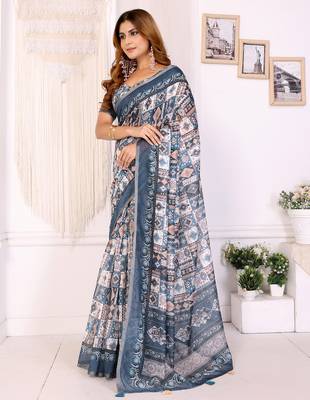 grey printed art silk designer pallu chanderi saree 2