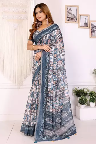 grey printed art silk designer pallu chanderi saree
