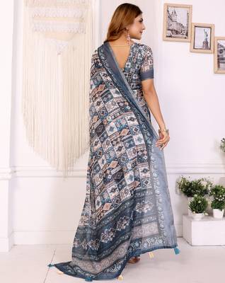 grey printed art silk designer pallu chanderi saree 3