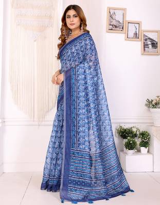 blue printed art silk designer pallu chanderi saree 2