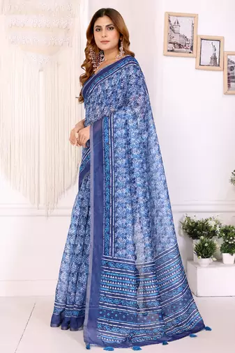 blue printed art silk designer pallu chanderi saree