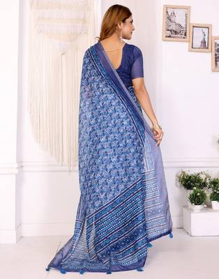 blue printed art silk designer pallu chanderi saree 3