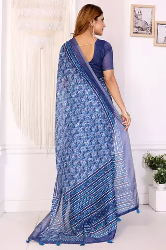 blue printed art silk designer pallu chanderi saree
