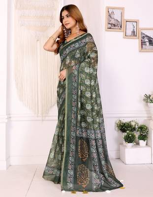 green printed art silk designer pallu chanderi saree 2