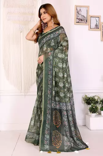 green printed art silk designer pallu chanderi saree