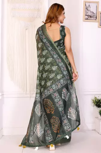 green printed art silk designer pallu chanderi saree