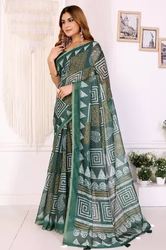 green printed art silk designer pallu chanderi saree