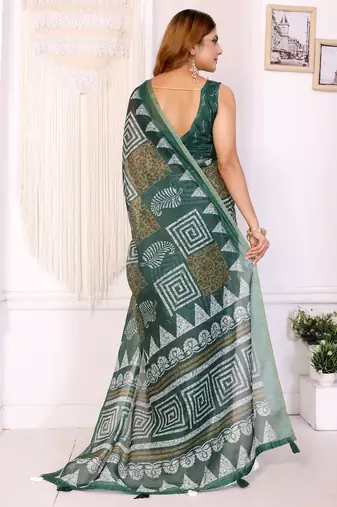 green printed art silk designer pallu chanderi saree