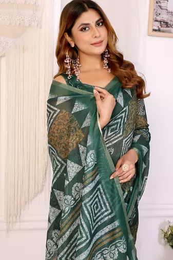 green printed art silk designer pallu chanderi saree