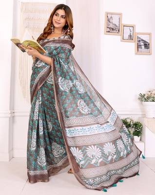 brown printed art silk designer pallu chanderi saree 1