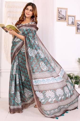 brown printed art silk designer pallu chanderi saree